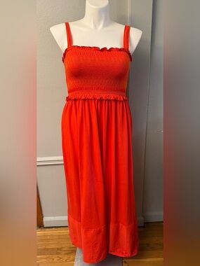 Zara Strapless Bright Orange Maxi Dress with Smocked Bodice
